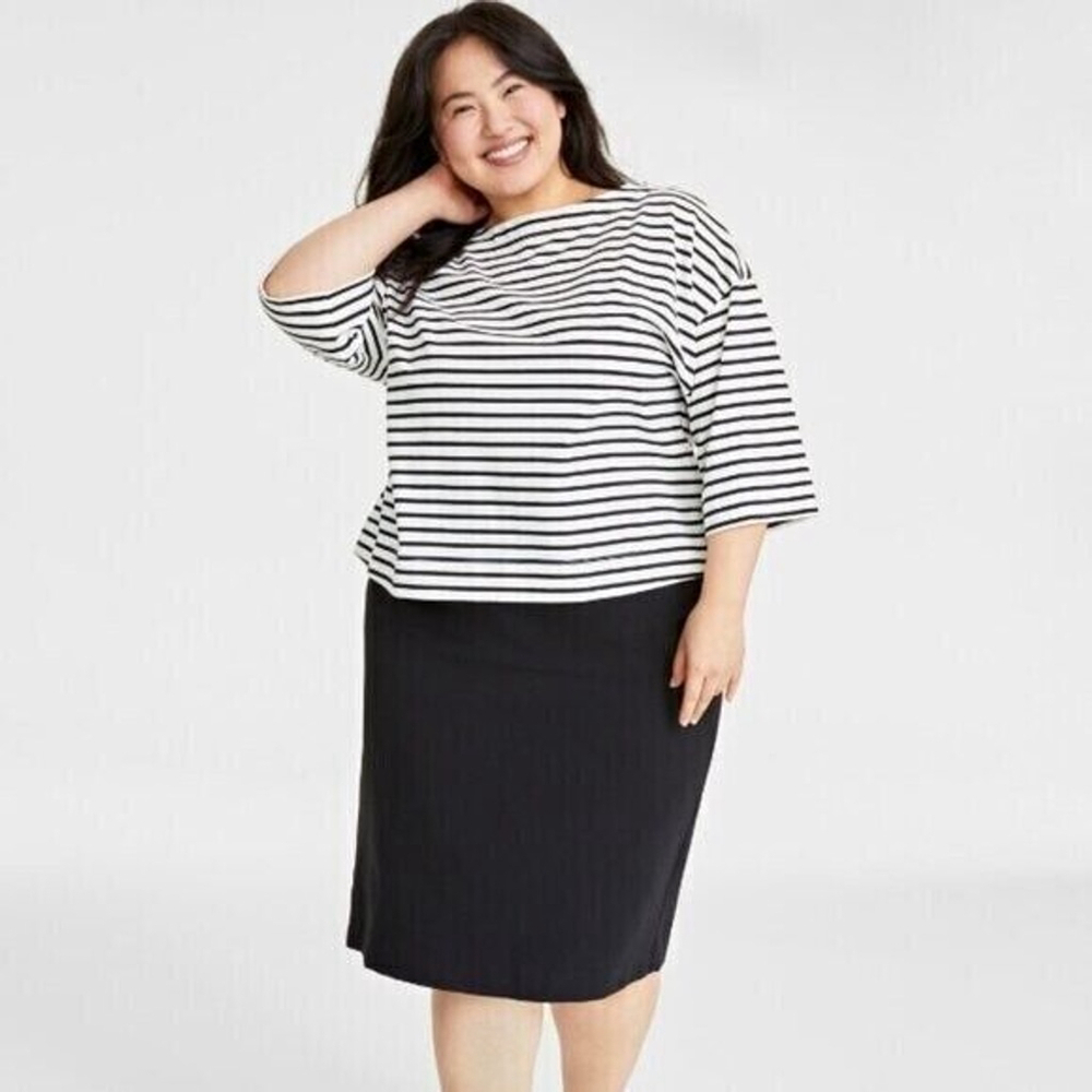 On 34th Plus Size Heavyweight Cotton Black & White Striped Boat-Neck Top NWT